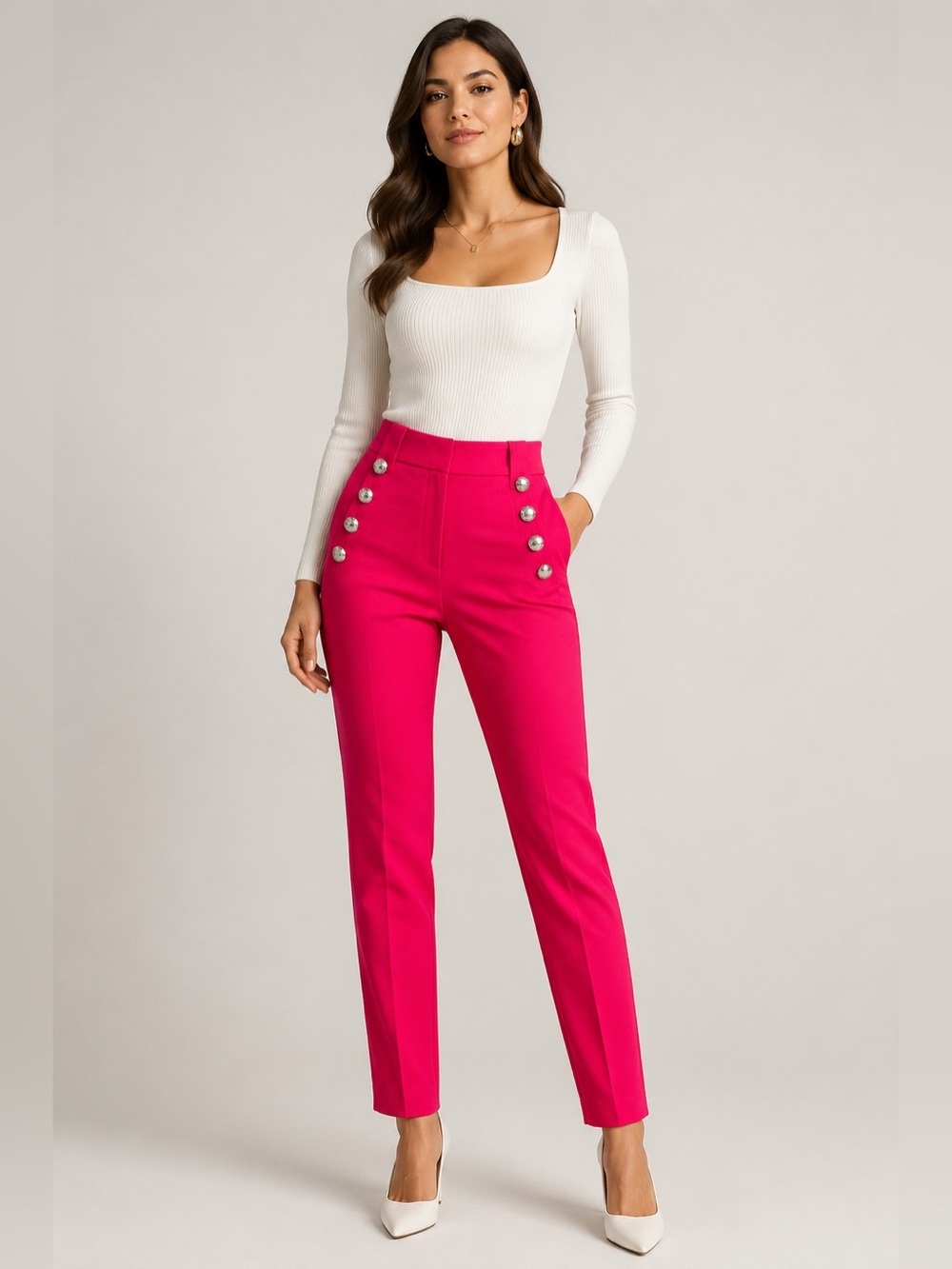 White House Black Market Hot Pink Button-Front Straight Leg Pants 6
